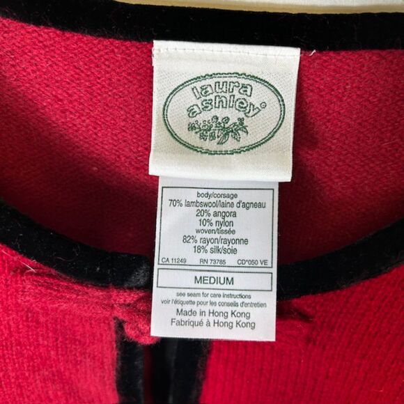 Laura Ashley Red Wool Angora Silk Black Velvet Trim LS Cardigan Sweater Size M - Picture 5 of 10